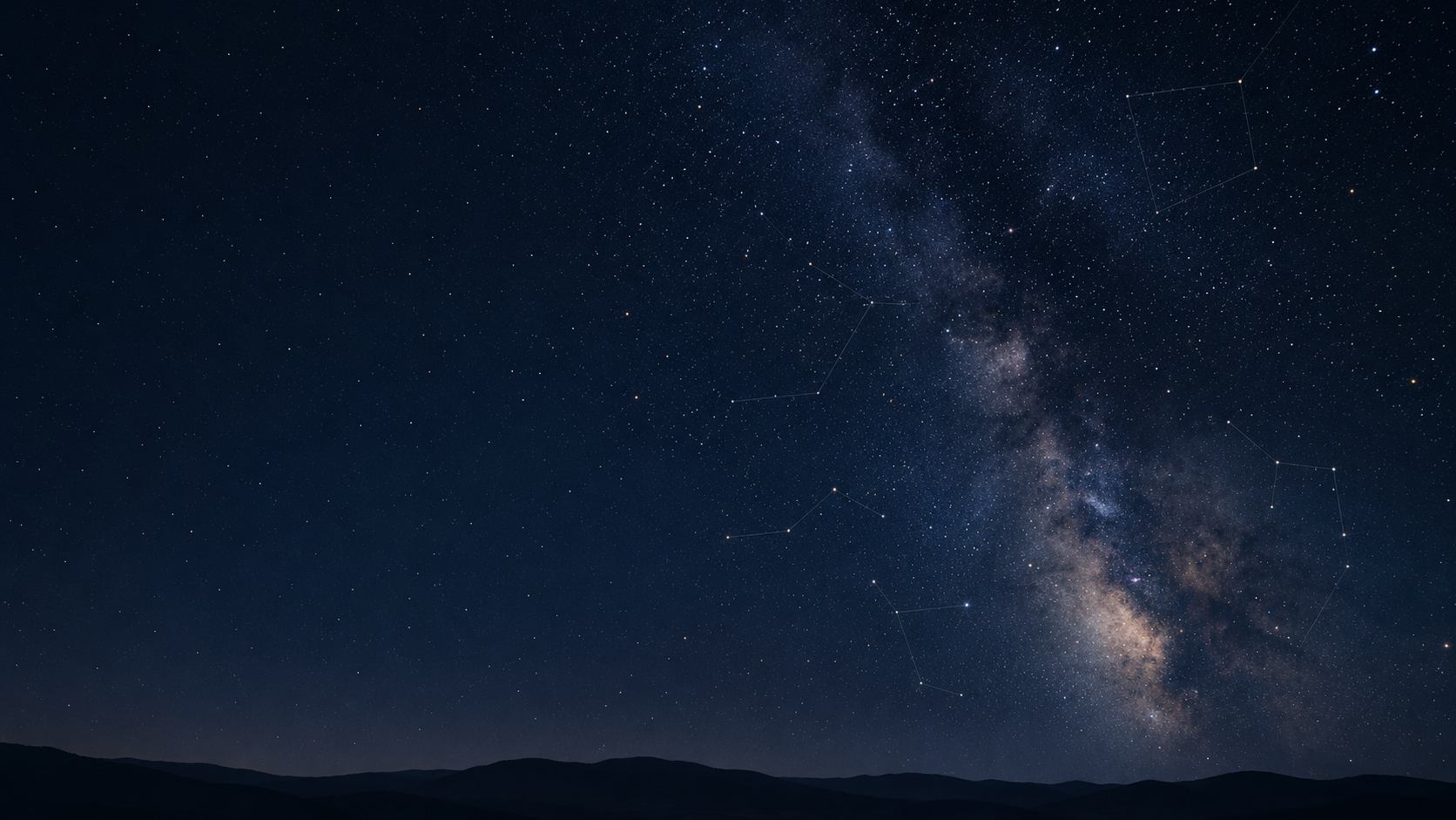 Ночное звёздное небо над тёмным горизонтом